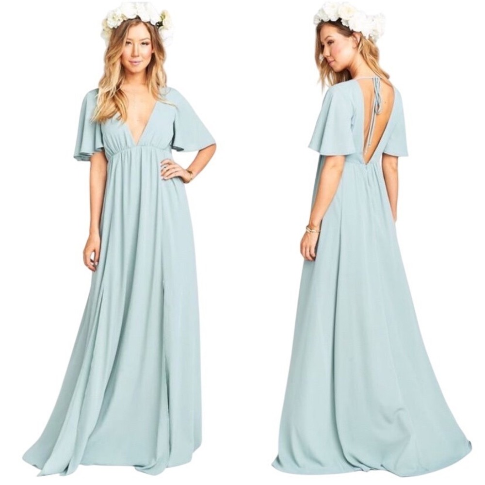 SHOW‎ ME YOUR MUMU Faye Flutter Maxi Dress SZ L Sage Green Bridesmaid Fairy Boho